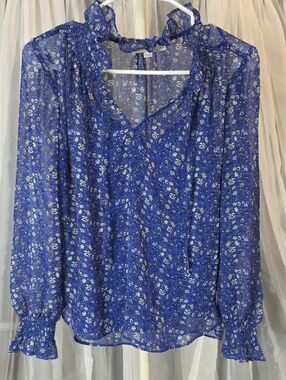 #253 LOFT Royal Blue Floral Ruffle-Trim Attached Tank V-Neck Long Sleeve Blouse